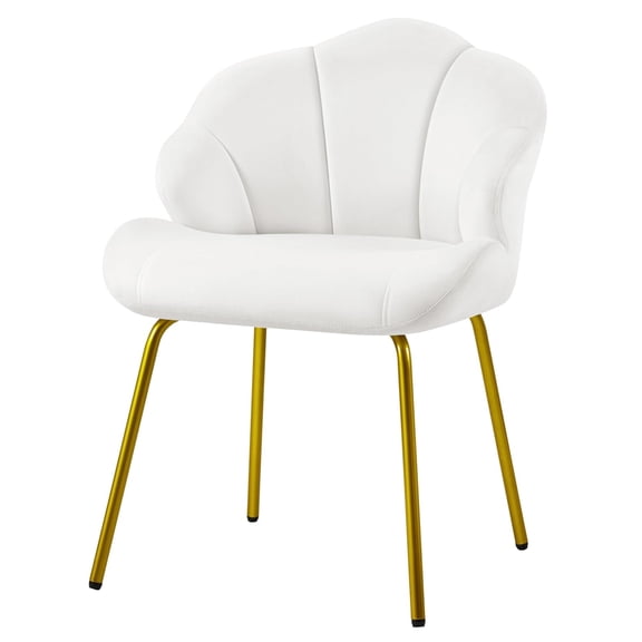 Shell-Shaped Vanity Chair, Velvet Makeup Stool with Back Support, Gold Metal Legs Desk Seat, No Wheels Accent Chair for Bedroom Dressing Room Living Room Reading, White