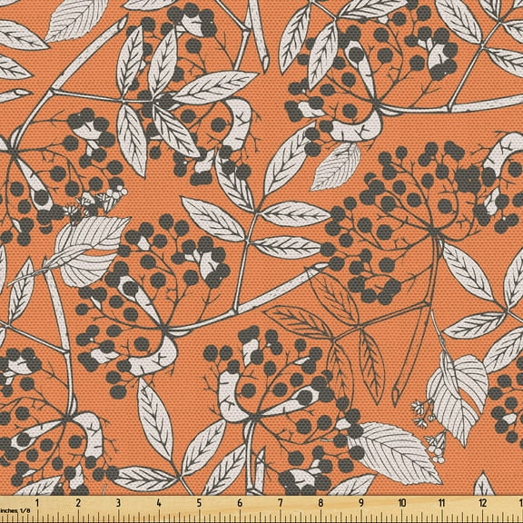 Ambesonne Botanical Fabric by the Yard Upholstery, Romantic Leaves Berry Art, 3 Yards, Persian Orange and Grey