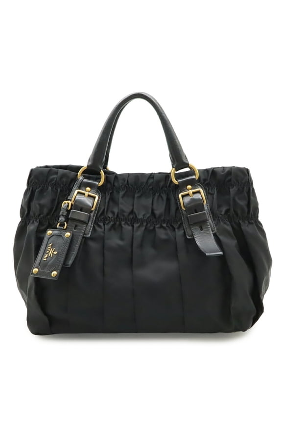 Pre-Owned PRADA Gathered Tote Bag Handbag Nylon Leather NERO Black BN1746
