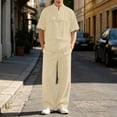 thumbnail image 2 of CONZONE Mens 2 Peice Linen Outfits Solid Color Short Sleeve Henley Shirts Pant Sets Breathable Summer Track Suits, 2 of 5