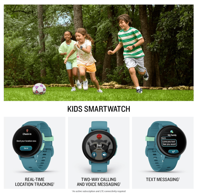 Garmin Bounce 2 Kids Smartwatch with LTE – Two-Way Calling, Text Messaging, Real-Time GPS Tracking, Swim-Friendly AMOLED Display, Music, Turquoise w/Wearable4U PowerBank Bundle