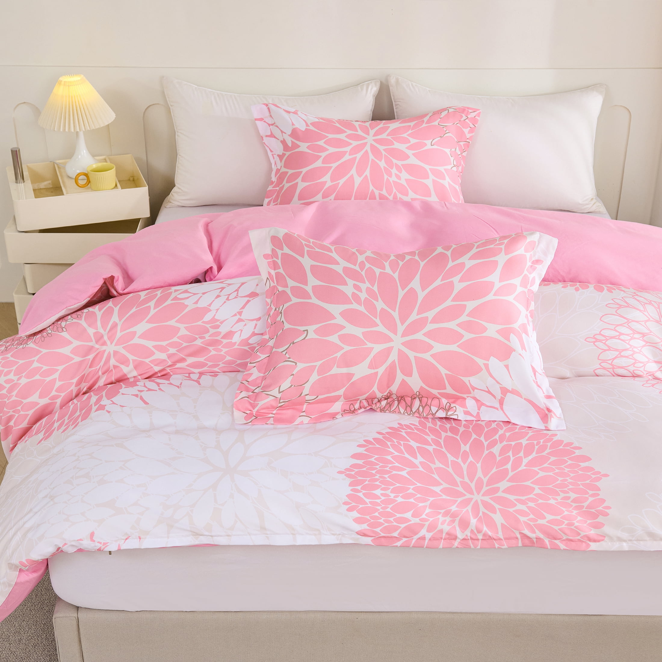 Koniroom 3 Pieces Pink Duvet Cover Full Size, Beige Reversible Floral Duvet Cover Full With Cute Flowers for Women Teen Girls