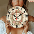 thumbnail image 2 of 2D Flat 1pc 10Inch Constantplanet French Marseille Rose Floral Wooden Wall Clock Vintage French Country Decor with Beige Background, Roses in Pink Red White Green AA Battery Powered, 2 of 7