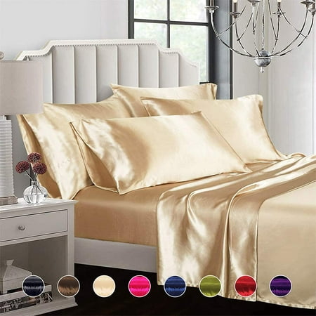 Todd Linens Sexy Satin Sheets 6 Pcs Queen / King Bedding Set 1 Duvet Cover + 1 Fitted Sheet + 4 Pillow Cases (Many Colors) Cream (Best Place For Bed Linens)