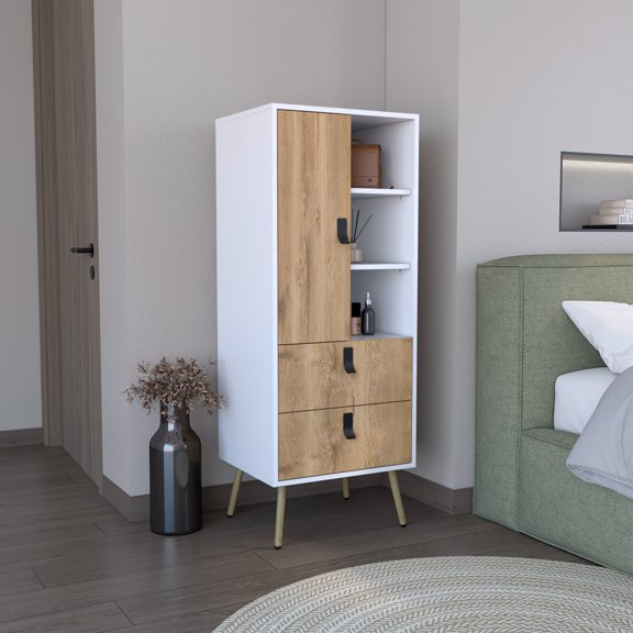 Shunda K Dresser 52"H Stylish Bedroom Storage Solution with 3 Open Shelves, 2 Drawers, and 1 Door, White / Macadamia