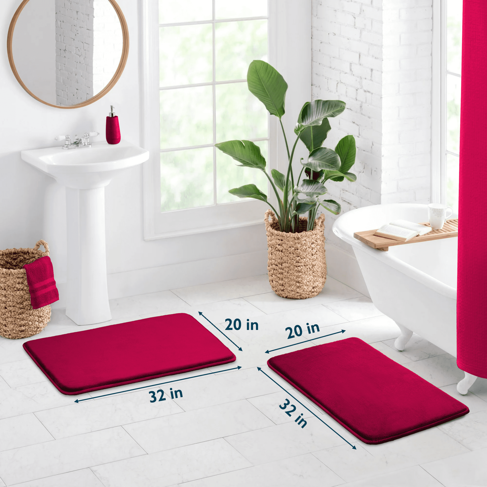ComfiTime 2 Piece Bathroom Rugs Set – Thick Memory Foam, Non-Slip Bath Mat, Soft Plush Velvet Top, Ultra Absorbent, Small, Large & Long Rugs for Bathroom Floor, Burgundy, 20*32, 2PCS