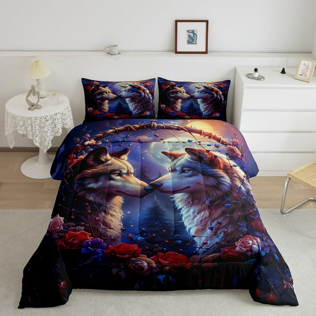 YST Literie Mignonne avec Loup, Ensemble de Couette Doux et Respirant à Roses Romantiques, Couette en Duvet d'Animaux de Chasse 3 Pcs, Courtepointe Florale Attrape-Rêves pour Adultes Femmes Hommes, Très Grand Microfibre