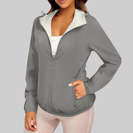 DPTALR George Women s Fashion Loose Fit Long Sleeve Hooded Rainproof Casual Jacket with Worn-Out Style Gray Size L