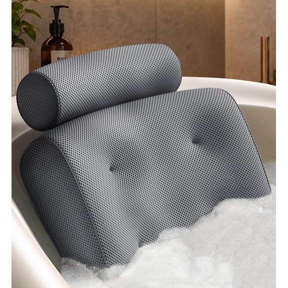 Everlasting Comfort Bath Pillow Fast Drying Bathtub Cushion for Head, Neck and Back, Gray