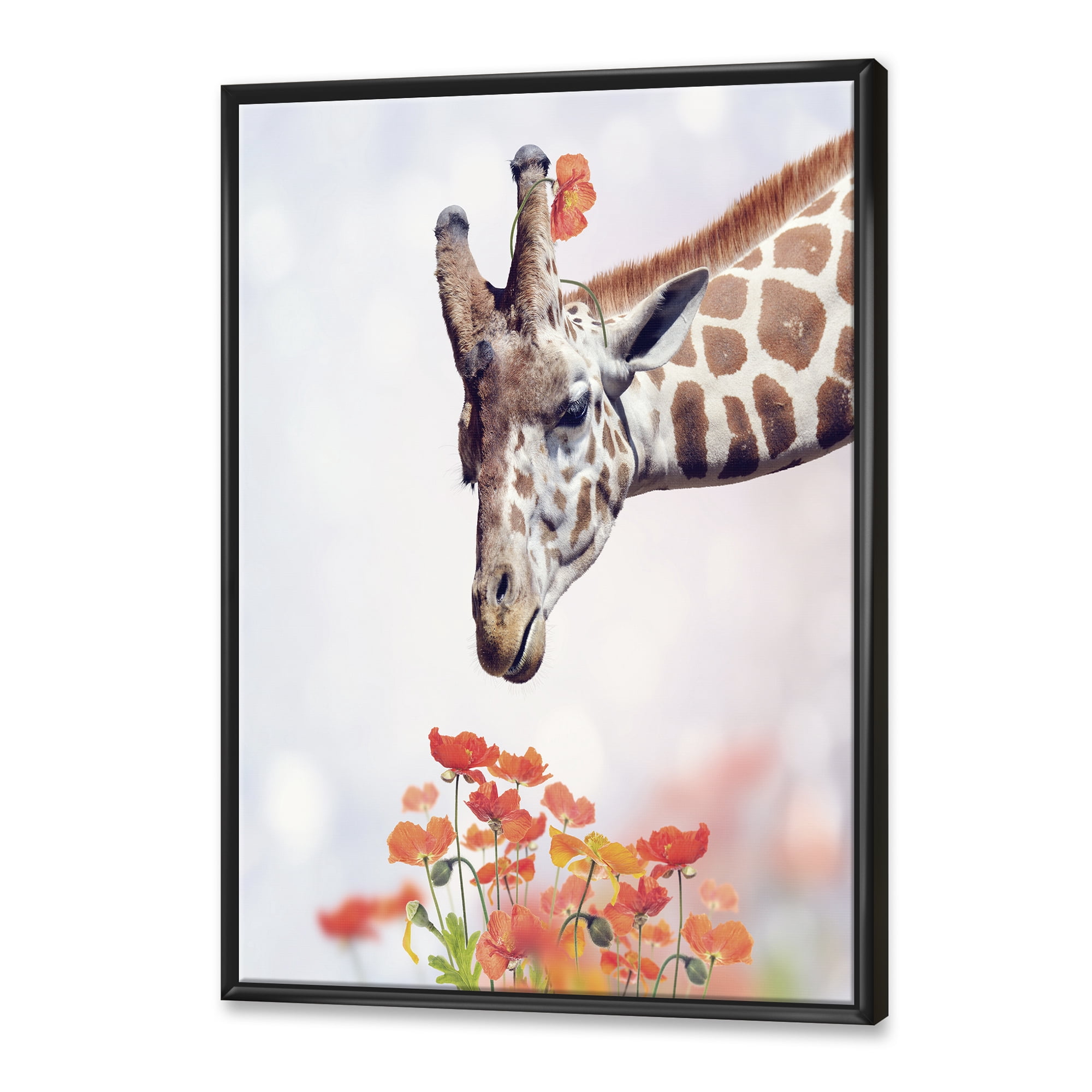 Designart 'Portrait of A Giraffe With Orange Flowers' Farmhouse Framed Canvas Wall Art Print