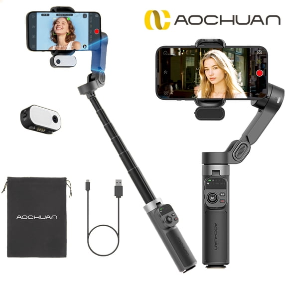 AOCHUAN AI Face Tracking Phone Gimbal Stabiliser, 360° Unlimited Mobile Gimbal, w/ LED Fill Light, Wireless Remote Control for Vlogging, Selfie