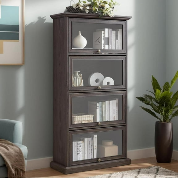 Tall Bookcase with Glass Doors, 63" H Glass Curio Display Cabinet with Flip up Doors, Elegant Storage Cabinet with 4-Tier Shelves, Rack for Living Room (Brown, 31.5" W x 13.7" D x 63" H)