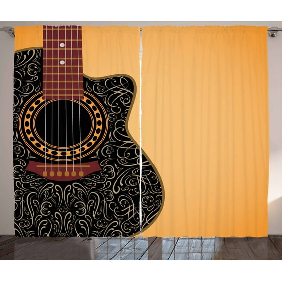 Ambesonne Guitar Curtains 2 Panel Set, Floral Folk Ornaments, 108" x 108", Pale Orange Black Maroon