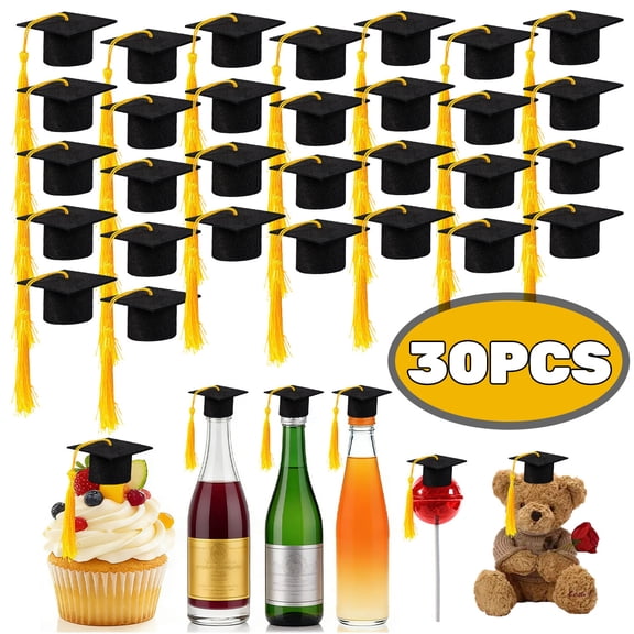 Mini Graduation Cap Black Hats with Gold Tassels Plastic Grad Cake Pops Cover Toppers for Graduation Party Decorations 30 Pcs