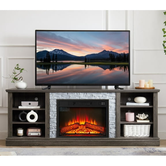 Modern TV Stand with Faux Stone Surround & Fireplace Insert, Large Storage Cabinet & Desk, Grey Media Console, 70.12"W x 25.83"H