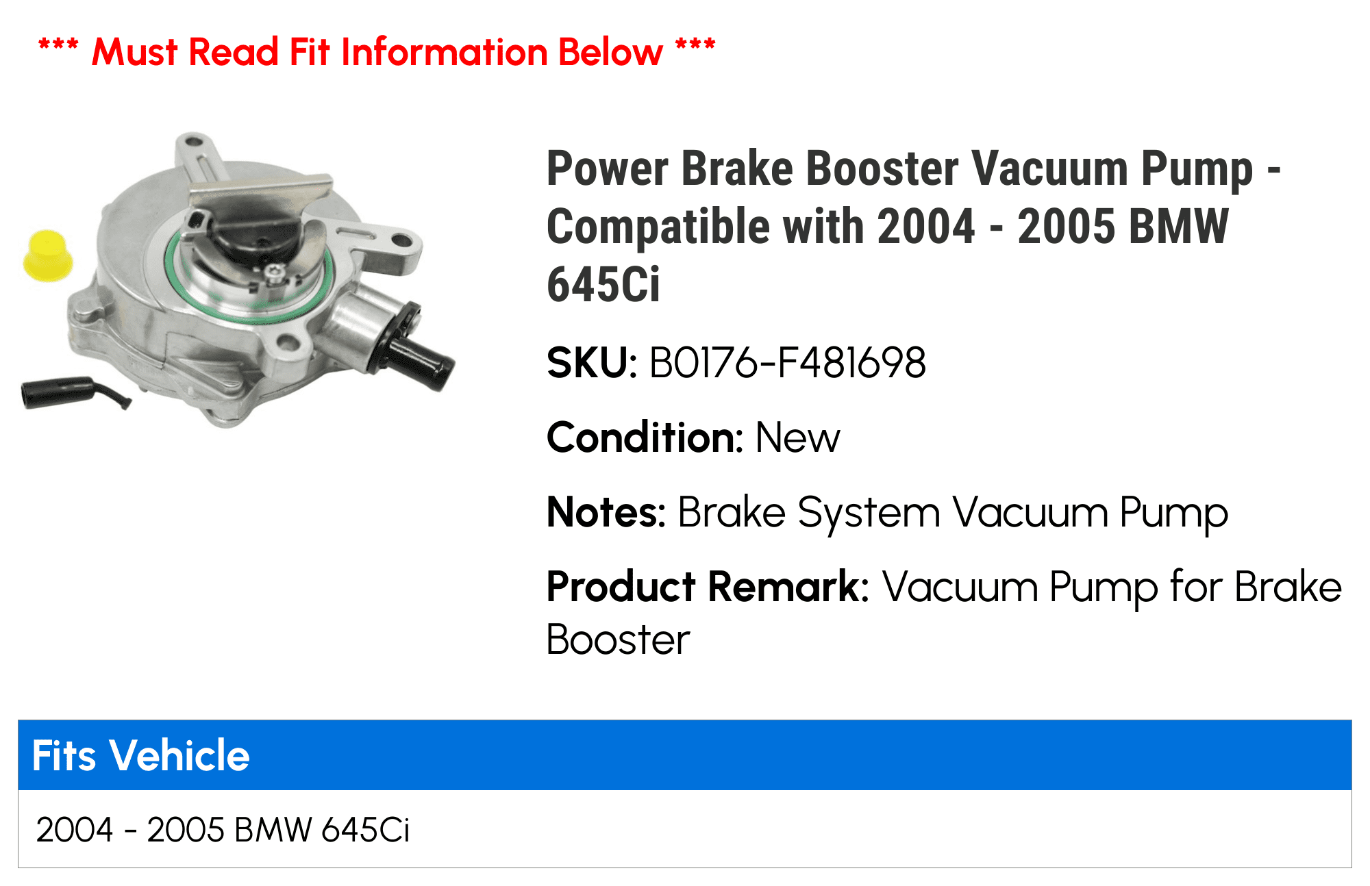Power Brake Booster Vacuum Pump - Compatible with 2004 - 2005 BMW 645Ci