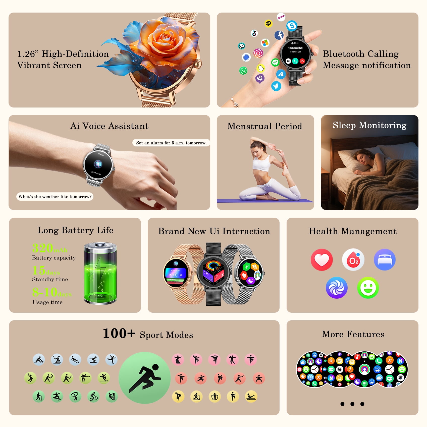 LUOMATE Smart Watch for Women Men, 1.85" Touchscreen with Bluetooth Calling, 100+ Sports Modes, IP68 Waterproof, Message Notifications, Includes 2 Bands, Compatible with iPhone & Android (Sliver)