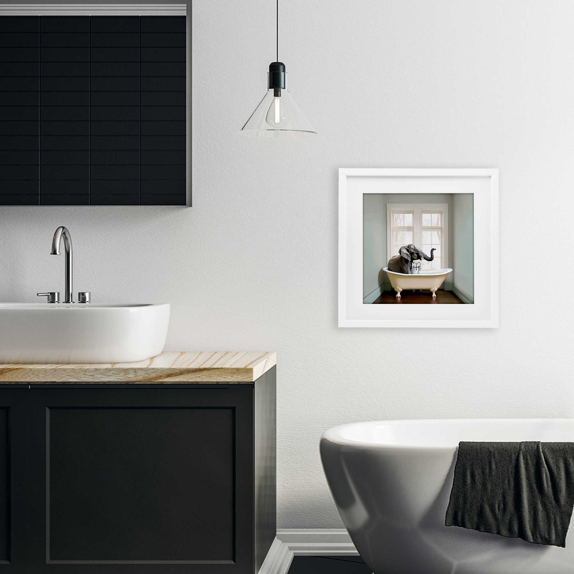 Minimal Elephant Bathtime White Framed Print Under Glass, design by Sasha