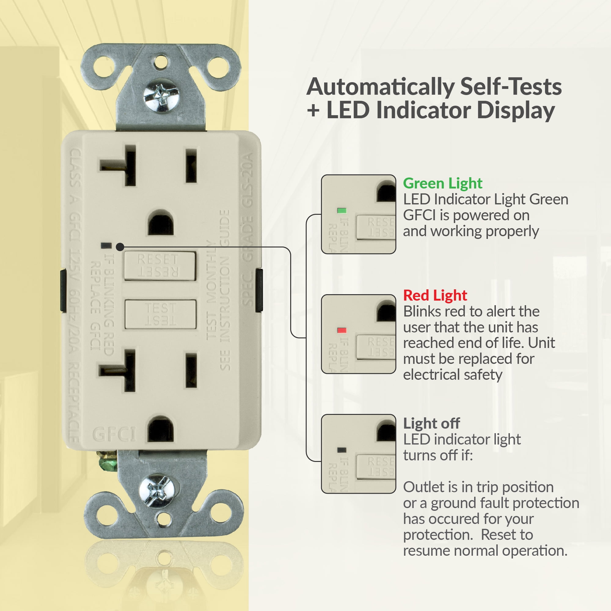Faith 20A GFCI Outlets, Slim, GFI Receptacles, Light Almond, 3 Pack