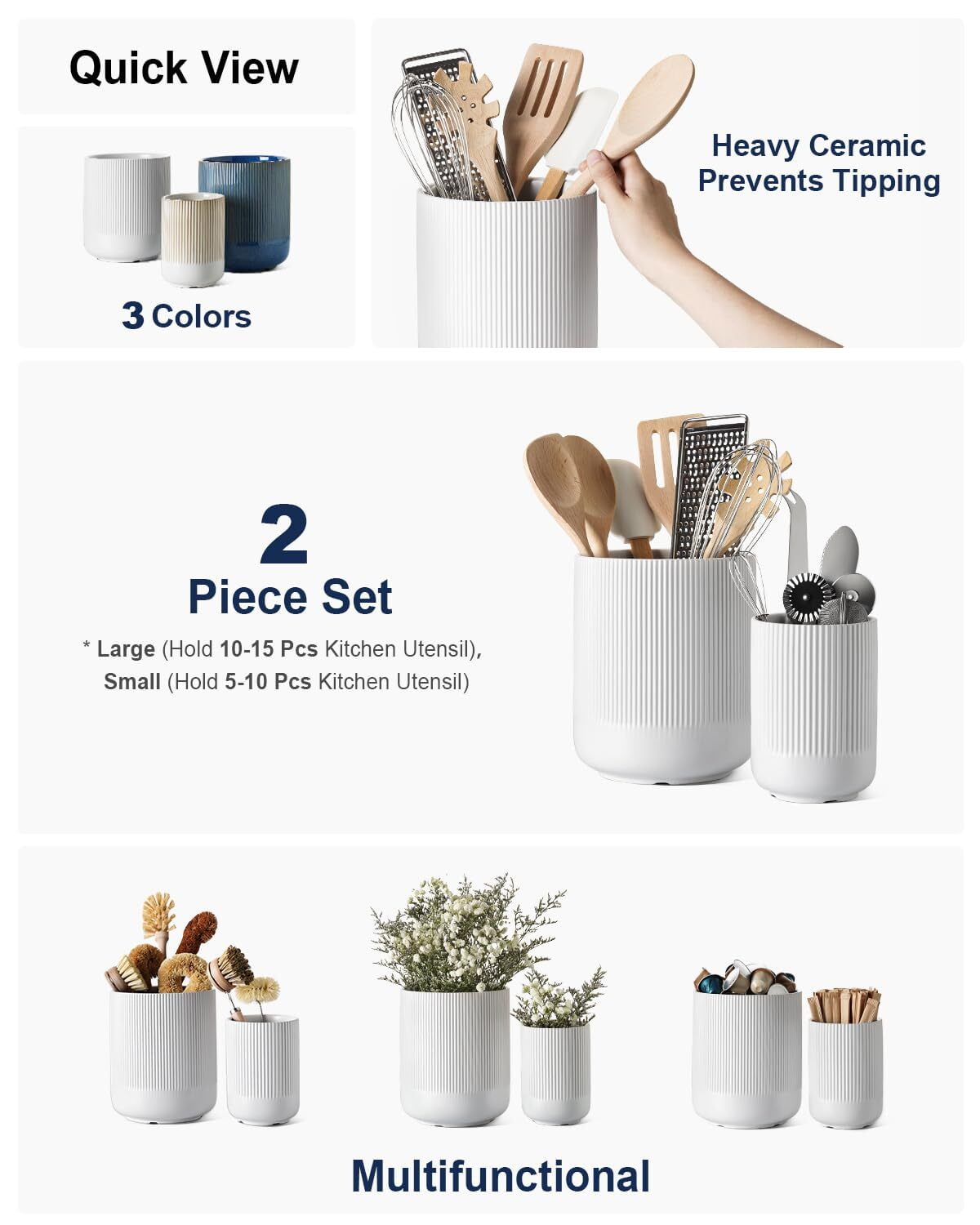 LE TAUCI Set of 2 Utensil Holder, 7.3"+5.4" Ceramic Crocks for Kitchen, Cooking Organizer & Plant Pots, White Kitchen Organizer