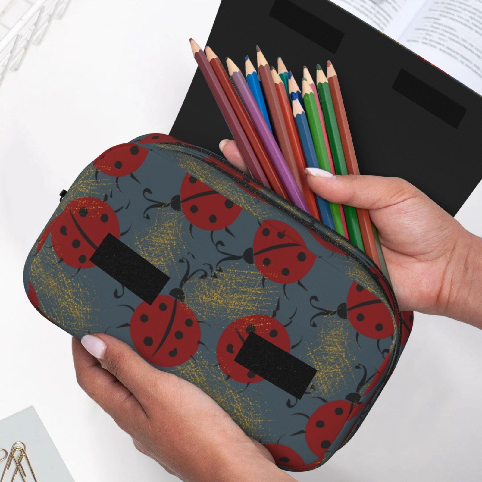 Rateoe Ladybug Pattern Double Clamshell Pen Case, Storage Organizer with Two Zipper Compartments– Holds Up to 50 Pencils & Pens