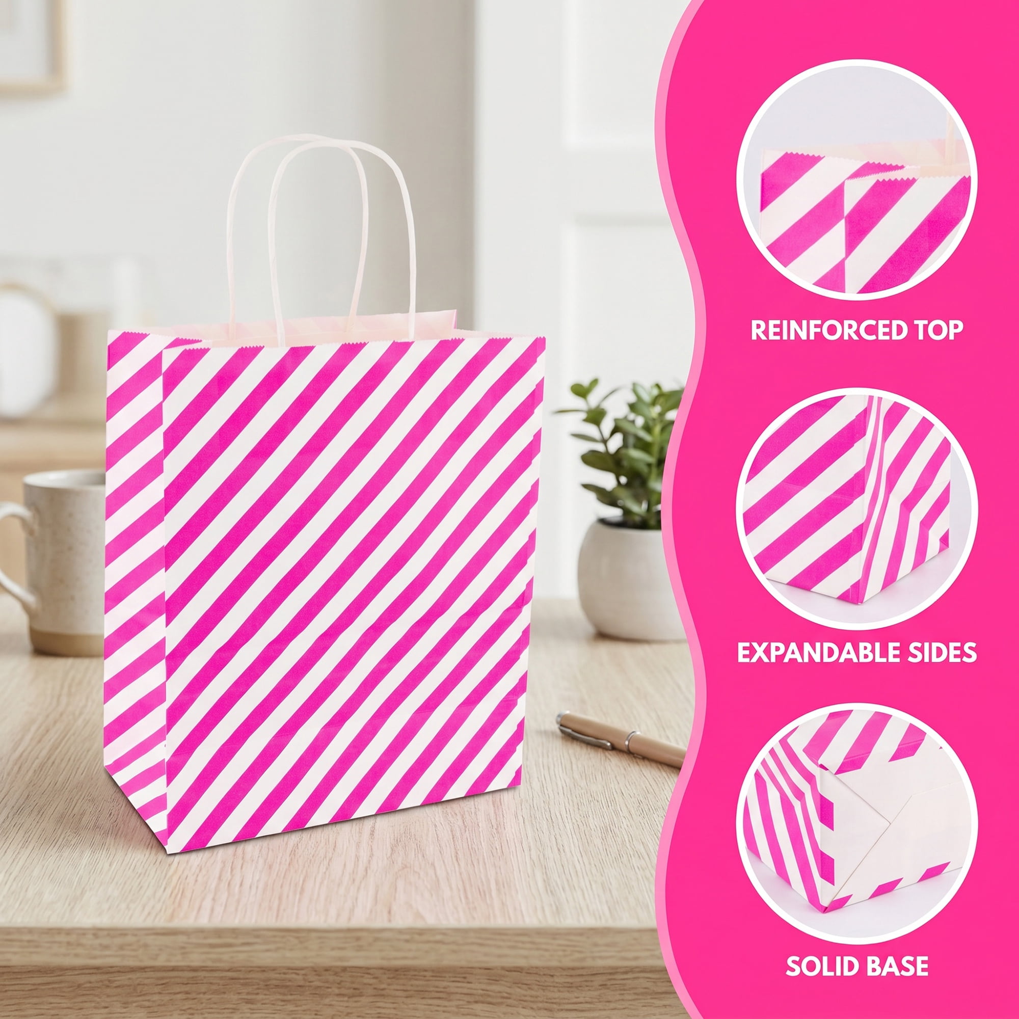 Unique Bargains 6Pcs Diagonal-stripe Gift Bag with Handles Rose Red 6.3" x 3.1" x 8.7"