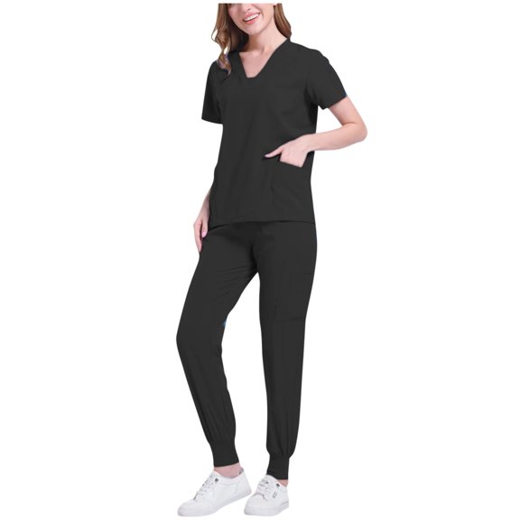 CHUMUD Women's Scrubs Set - Sporty V-Neck Medical Top and Stretch Waist Cargo Pant, Uniform Jogger Suit for urse Esthetician Workwear