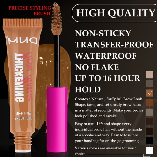 gel fijador transparente para cejas dageda — vista frontal centrada de un tubo aplicador con tapa rosa y aplicador tipo spoolie cubierto de gel transparente; tubo flexible con texto de marca visible; diseñado para peinar, dar forma y fijar cejas aportando volumen y textura, apto para salón y maquillaje doméstico; también suele usarse para domar pelos sueltos en retoques rápidos.