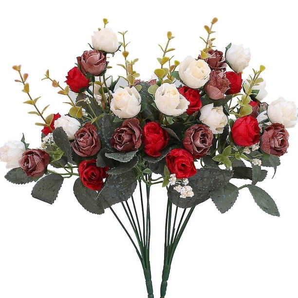 Paquete de 2 7 ramas, 21 cabezas, flores artificiales de seda, hojas, rosas, ramo de decoración Floral para boda