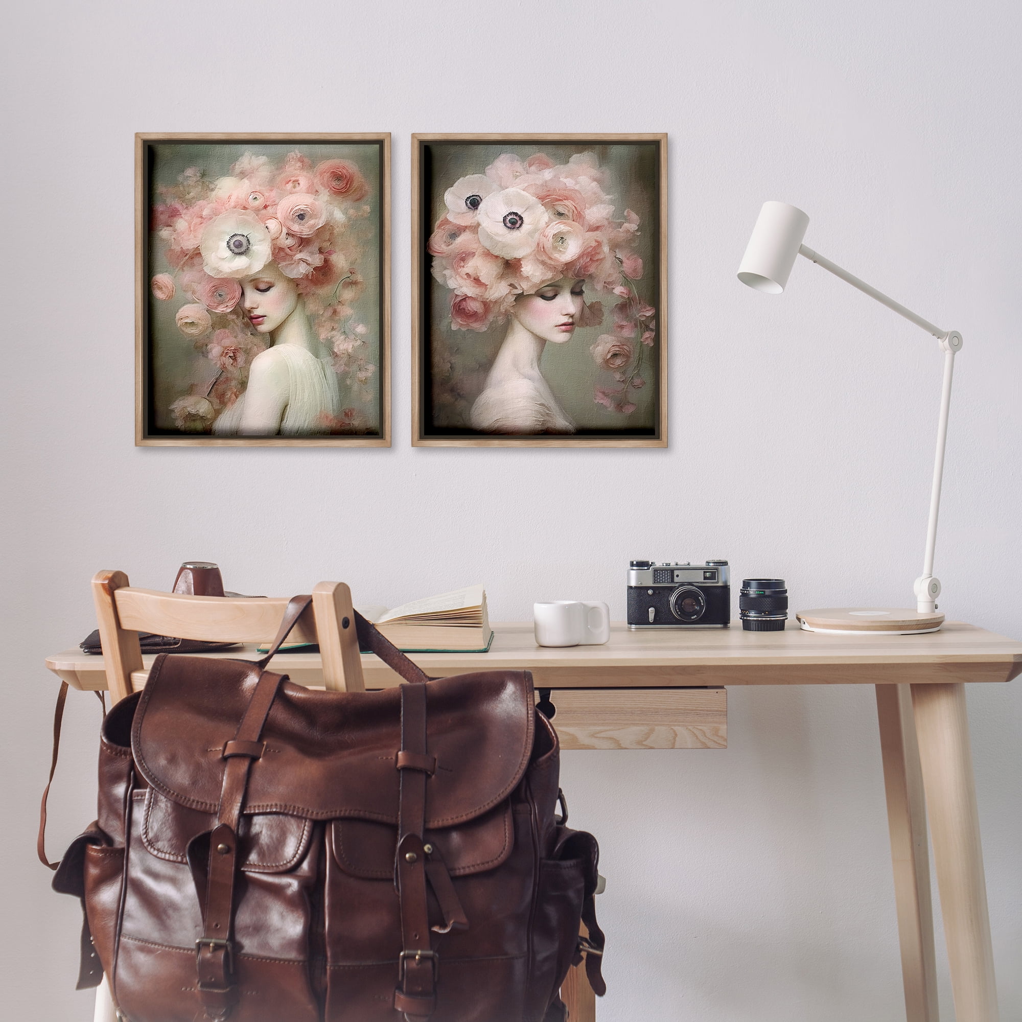 Stupell Industries Coral Blush Female Figure Plants & Flowers Painting Brown Floater Framed Canvas Art Print Wall Art, 17 x 21, Set of 2