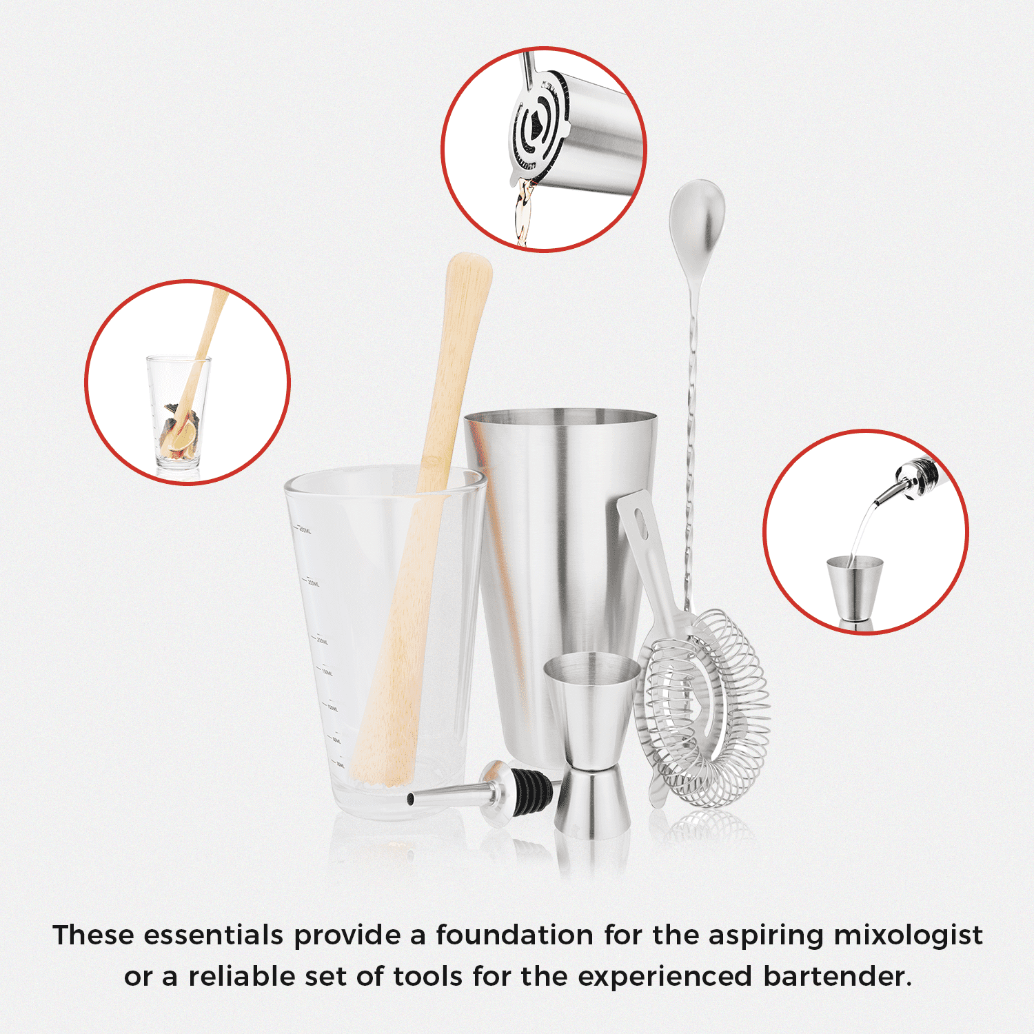 7 Piece Barware Set by Savoy -Cocktail Shaker, Jugger, Measuring Glass, Muddler, Stir Spoon, Pour Spout and Strainer