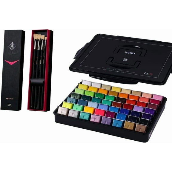 HIMI Gouache Paint Set, 56 Colors x 30ml Include 8 Metallic and 6 Neon Colors include 11 professional brushes