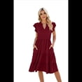 thumbnail image 3 of Vestido de Verano para Mujer, con Mangas con Volantes y Escote en V, Midi, Rojo Vino, Talla XXL, 3 of 6