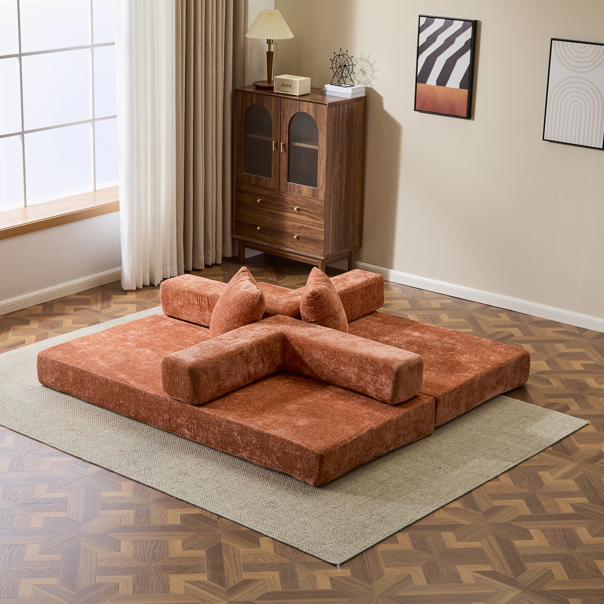 Miniyam 4 in 1 Convertible Floor Sofa Bed, Chenille Floor Couch with Armrest, Pillow for Living Room, Orange