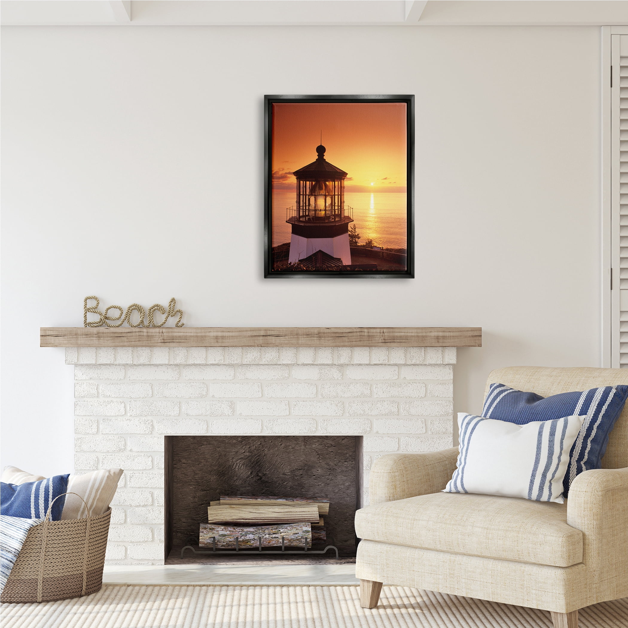Stupell Industries Lighthouse Beacon at Sunset Nature Photography Black Floater Framed Art Print Wall Art, 25 x 31