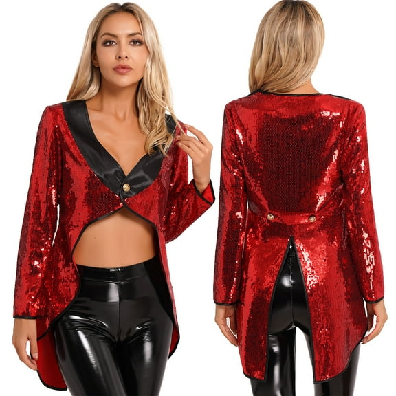 iiniim Women's Sequin Ringmaster Cosplay Circus Show Blazer Jacket Uniform Victorian Tailcoat Red XL