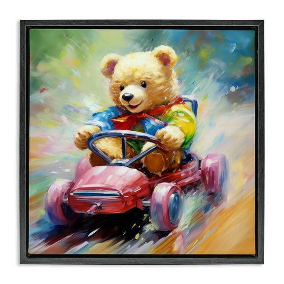 Stupell Industries Teddy Bear on Go Kart Animals & Insects Painting Black Floater Framed Canvas Art Print Wall Art, 18 x 18