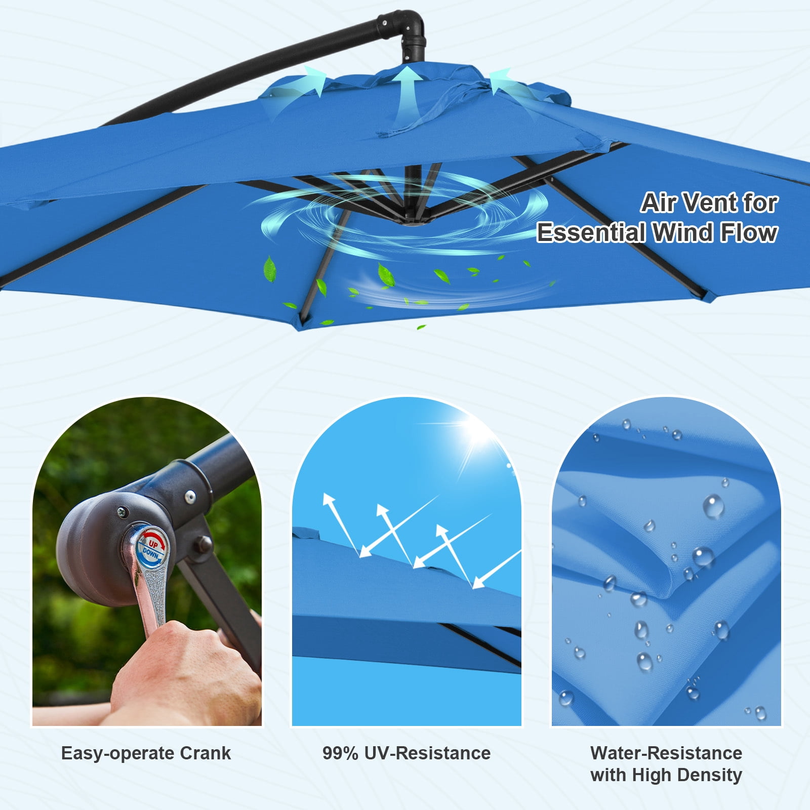 FUNDAZE 8x8ft Hanging Cantilever Patio Umbrella with Base, Square Outdoor Sun Shade with Crank & Tilt for Garden, Backyard, Deck,Royal Blue