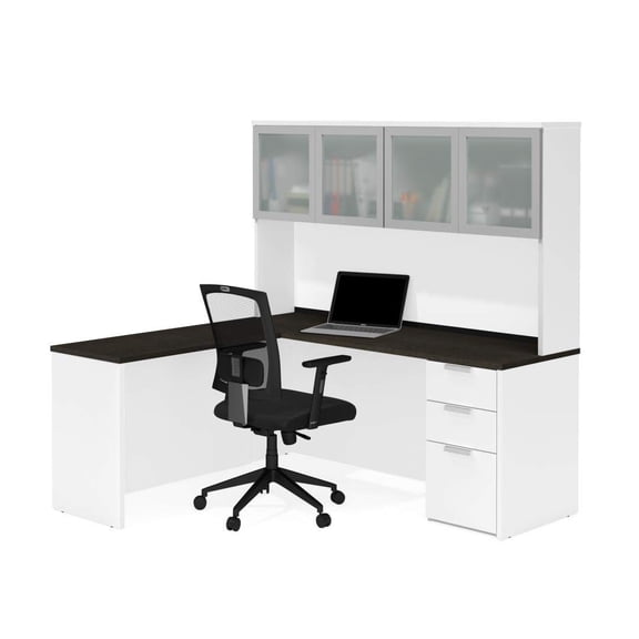 Pemberly Row L Desk with 4 Door Hutch in White and Deep Gray