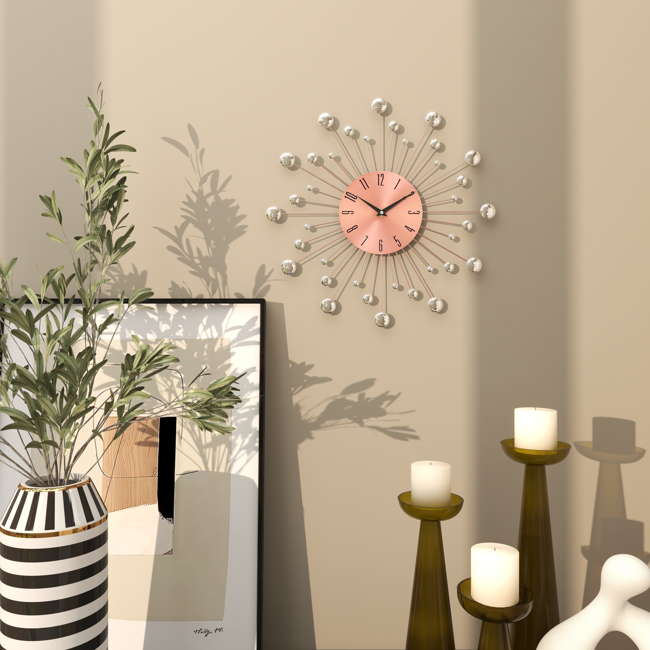 DecMode Copper Metal Starburst Wall Clock with Crystal Accents