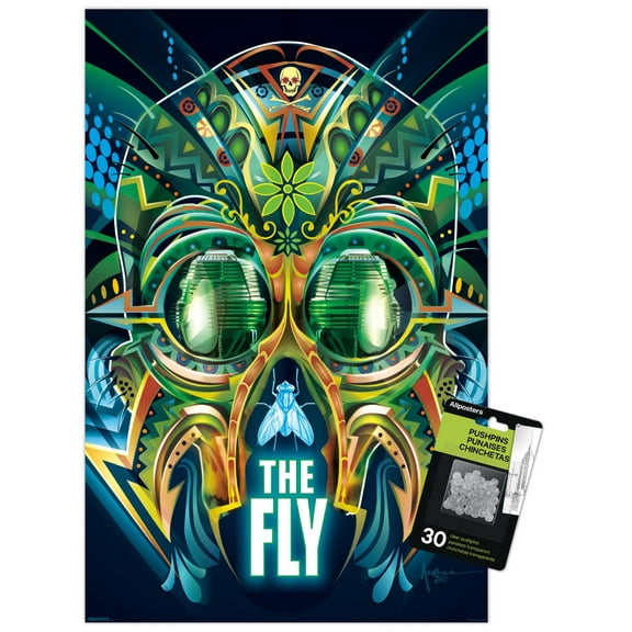 The Fly (1986) - Psychedelic Wall Poster with Push Pins, 14.725" x 22.375"