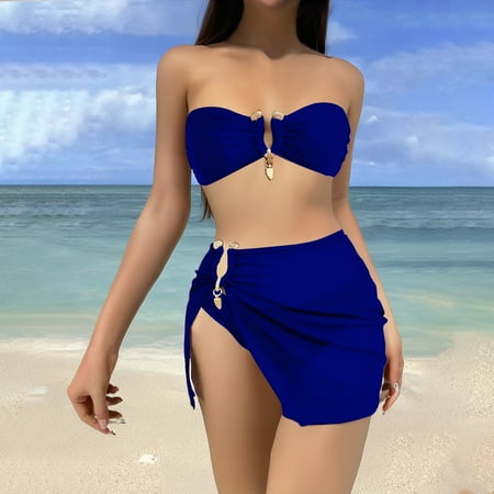 Blue Swim Suits for Women 2025 Women s 3 Piece Solid Bikini Set Swimsuit with Sarongs Cover Ups Beach Skirt Bathing Suit