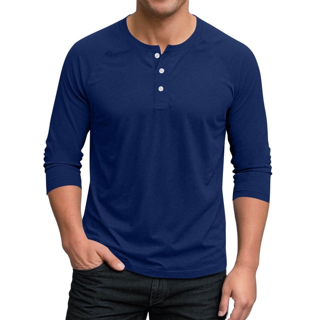 HAiming Men's 3/4 Sleeve Shirt Pullover Button Stretch T-Shirt Casual Sport Athletic Solid Color Basic Tee Tops