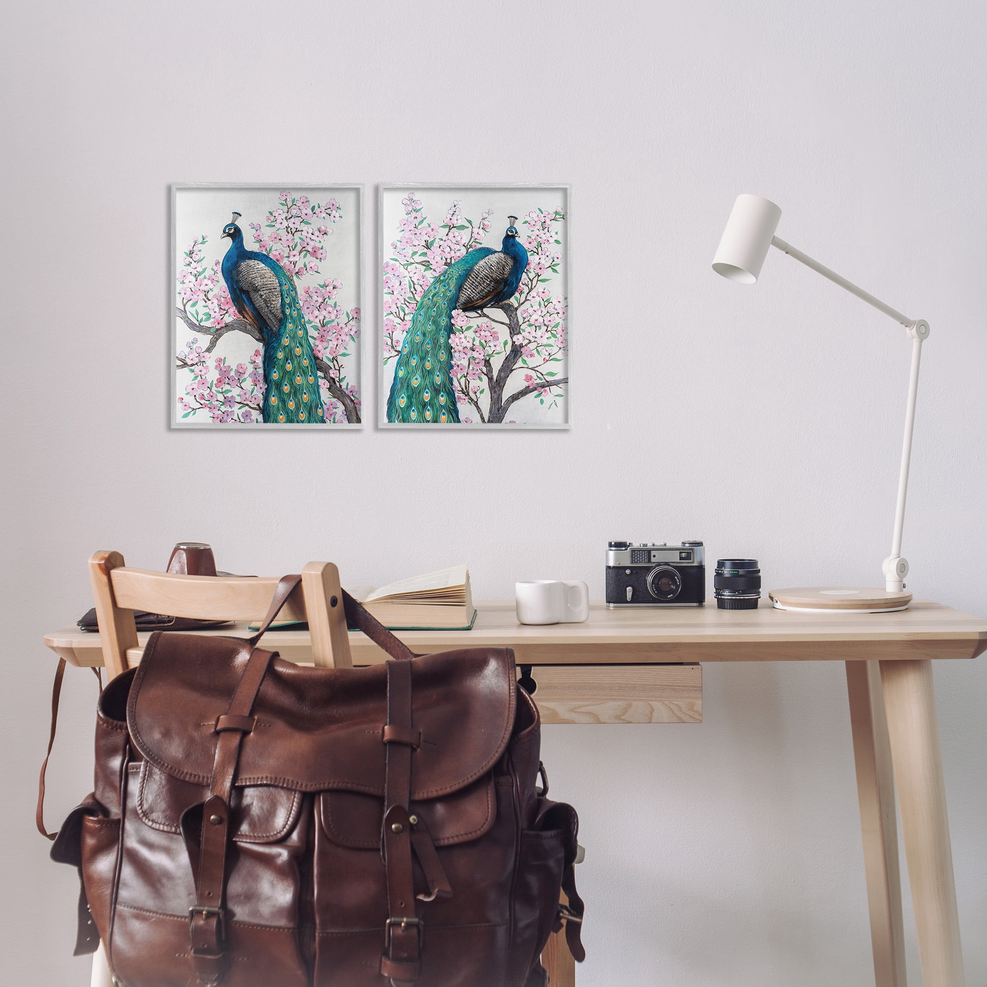 Stupell Industries Floral Peacocks Perched Animals & Insects Painting Gray Framed Art Print Wall Art, 11 x 14, Set of 2