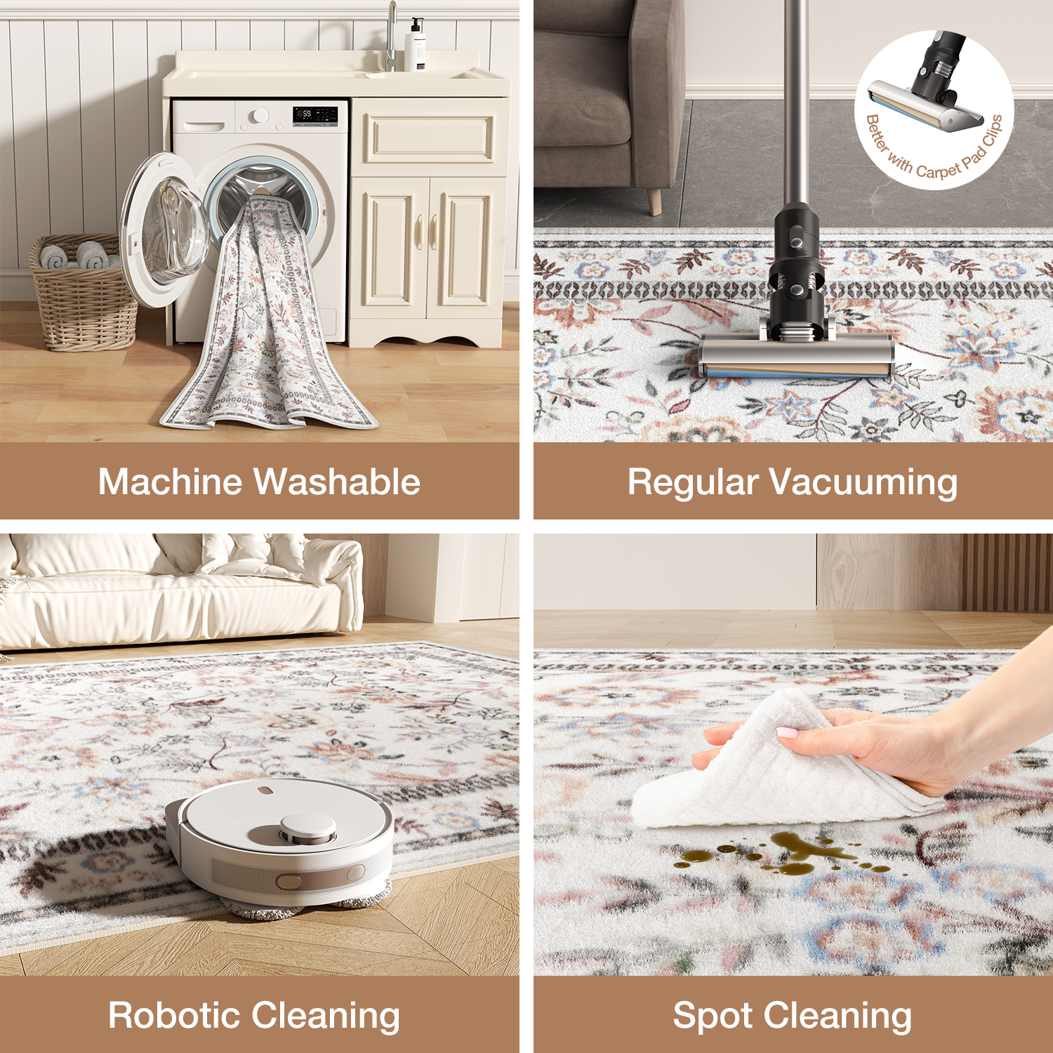 Washable Area Rug for Living Room, NovDeco 8'x10' Boho Khaki Floral Print Indoor Rug, Soft Low Pile & Stain Resistant Carpet for Bedroom Dining Room