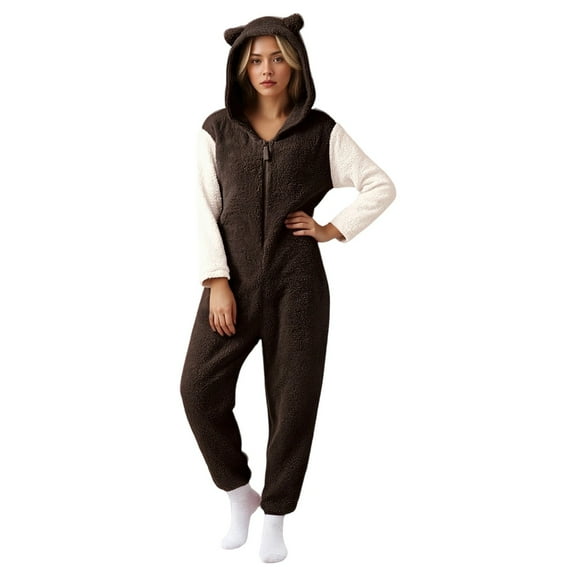 Hifoo Nightwear Women's Long Sleeve Pajamas Casual Solid Color Zipper Loose Hooded Jumpsuit Pajamas Casual Winter Warm Rompe Cute Ears Sleepwear Boho Home Loungewear