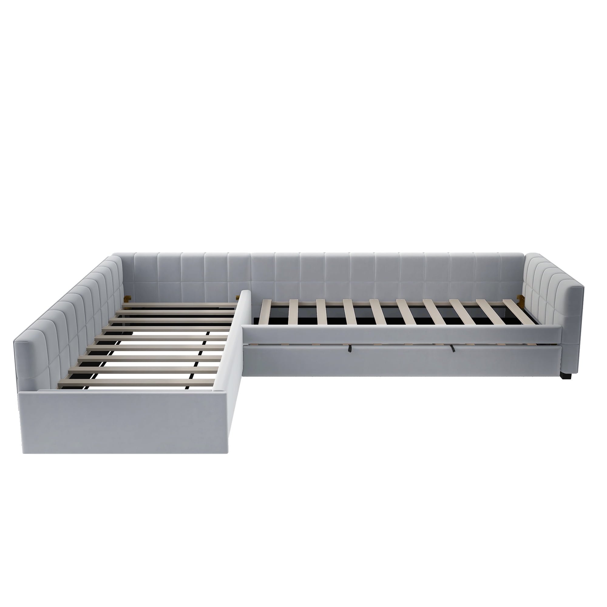 Euroco Upholstery L-Shaped Twin Platform Bed with Trundle and Drawer, 3 Beds in 1, No Spring Box Needed, Gray