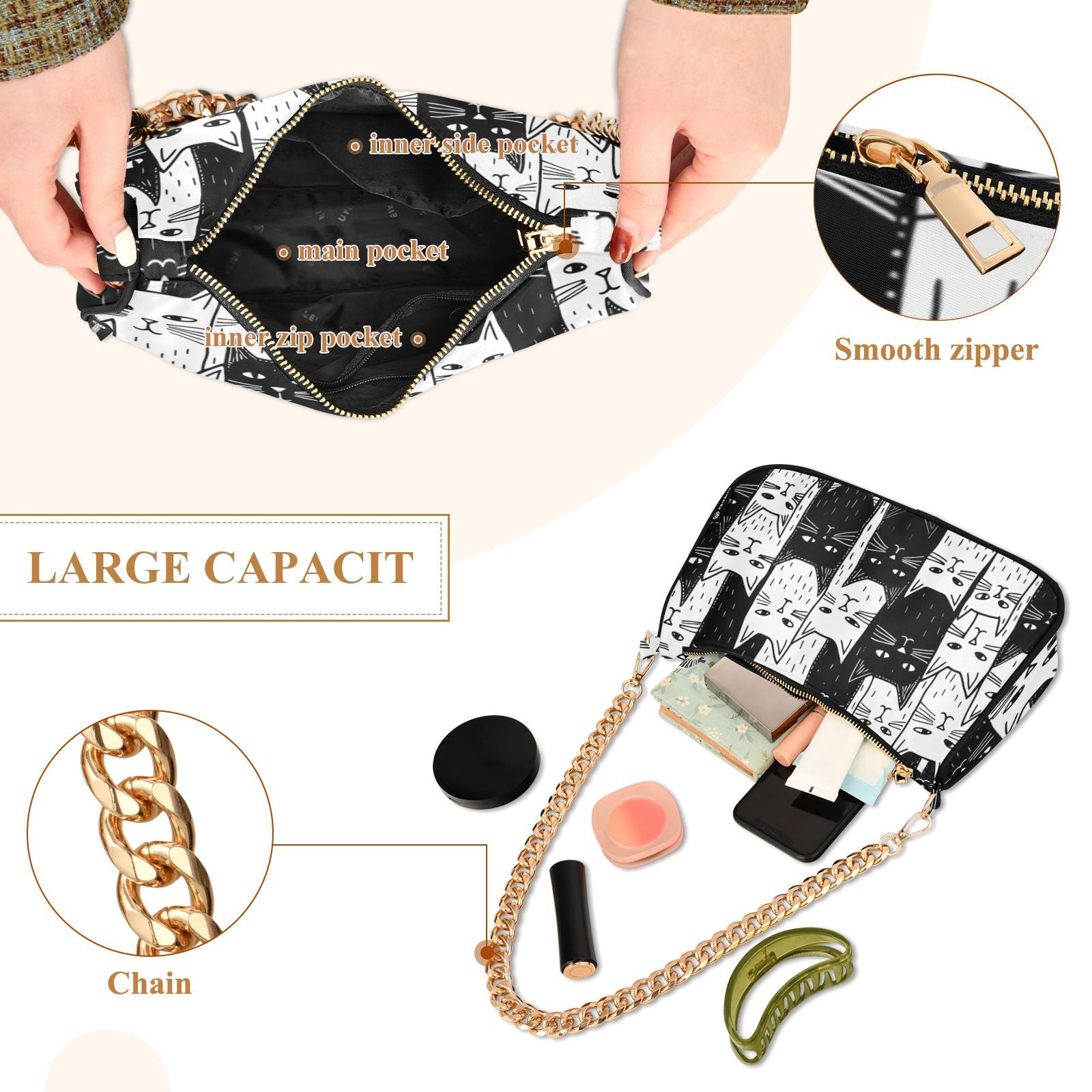 Black and White CatsWomen Small Shoulder Bag Crossbody Tote Hobo Bags Purse Clutch Handbags with Chain Strap for Women