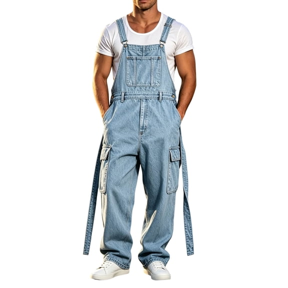 QQZ Wide Leg Cargo Denim Overalls Men, Adjustable Suspender Baggy Jumpsuit Pants for Street Wear, Work Wear and Casual Daily Outings