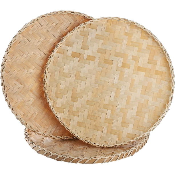 3 piezas de bandeja de cesta tejida de bambú hecha a mano, cesta de fruta redonda de mimbre plana de 13 pulgadas, bandeja tejida para almacenamiento de alimentos, bandeja poco profunda, bandeja d